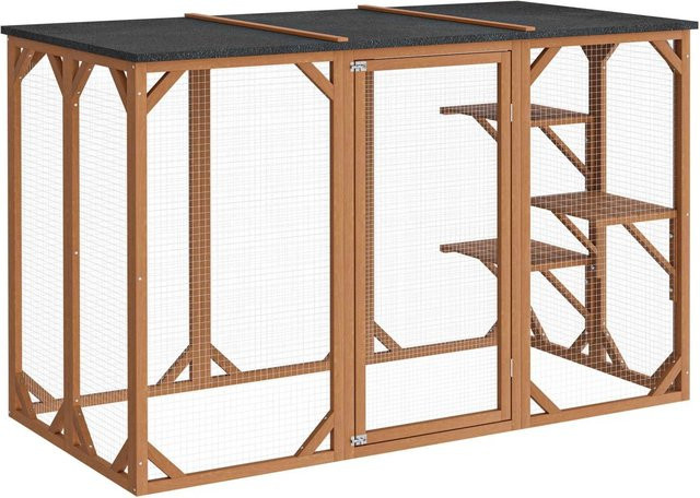 Wiltec Freilaufgehege für Katzen aus Fichtenholz mit 3 Liegeflächen, wetterfest, braun, B/T/H: 180 x 80 x 112 cm - Bild 1