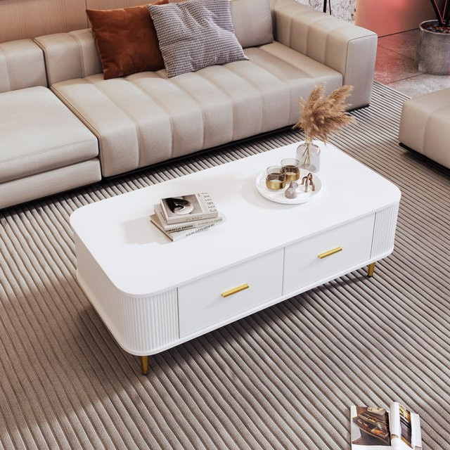 Svintora Couchtisch in Weiß mit goldenen Beinen, moderner rechteckiger Beistelltisch mit gerippter Oberfläche und Schubladen für dein Wohnzimmer - Bild 1