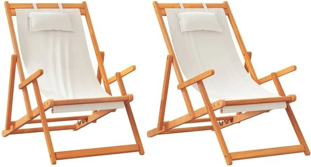 Set aus 2 klappbaren Strandstühlen von vidaXL aus Eukalyptusholz und UV-beständigem Polyester in Creme - Bild 1