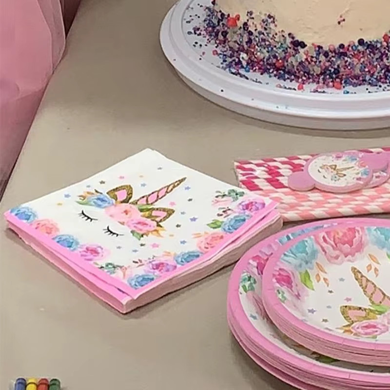 20 Stück Cyuan Einhorn Papierservietten mit Cartoon-Einhorn- und Blumenmuster in Mehrfarbig für Mädchen Geburtstag Partydeko - Bild 2