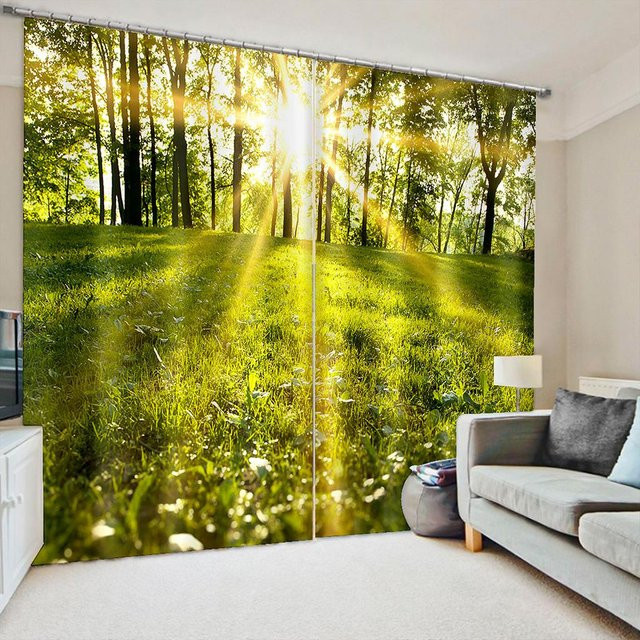 Modernes Vorhangset Bambuswald von Household supplies MH, halbtransparent mit Grafikdesign, Mehrfarbig, B: 50 cm, H: 50 cm, 2er-Set mit Ösen - Bild 1