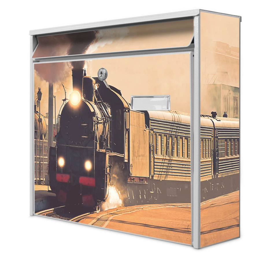 banjado Wandbriefkasten Modell Mail Burg Wächter mit Dampflok Motiv in Weiß, B/H/T: 36 x 32 x 10 cm - Bild 1