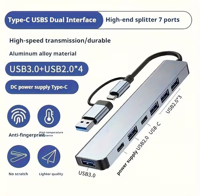 HUB7-in-1 USB-C Splitter aus Aluminiumlegierung mit 2 USB-C und 5 USB-A Anschlüssen, 5 Gbit/s, Ultra Slim, Farbe: Silber/Grau - Bild 1