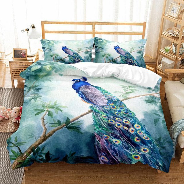 Luxus 3D Bettwäsche Set mit Pfauen-Motiv in Blau, Mikrofaser, B/H: 135 x 200 cm - Bild 1