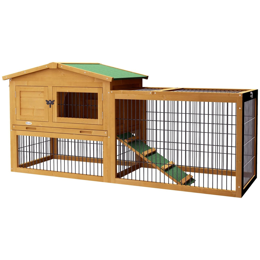 PawHut Kaninchenstall aus Tannenholz mit Freilaufgehege und Rampe, Gelb, B/T/H: 150 x 52 x 68 cm - Bild 2