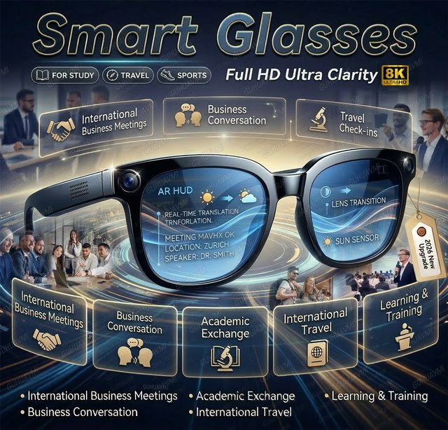 GUHUAVMI KI-Smart-Brille mit 4K Video Kamera, ChatGPT, KI-Übersetzung, Musikplayer und Anruffunktion, wasserdicht, Schwarz - Bild 1