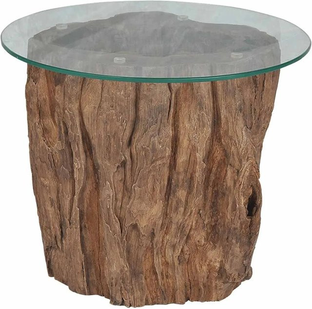 vidaXL Couchtisch aus Teakholz und Glas in Braun im Baumstamm-Stil, B/T: 50 x 40 cm - Bild 1