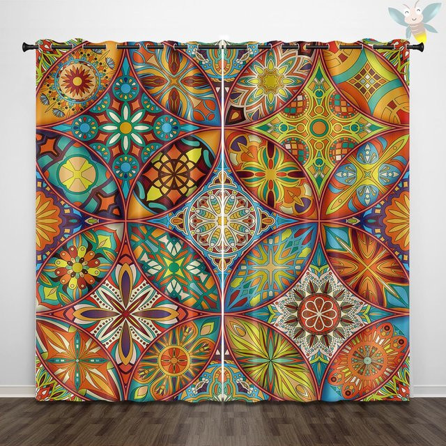 2er-Set Vorhänge im böhmischen Stil mit geometrischen Mustern, blau/mehrfarbig, halbtransparent, B: 140 cm, H: 160 cm - Bild 1
