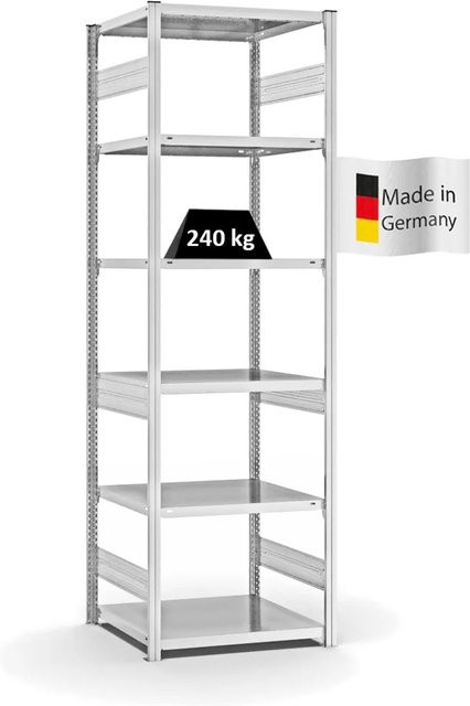 PROREGAL Fachbodenregal Stecksystem T-Profil Medium-Duty Grundregal, Lichtgrau, H x B x T: 250 x 75 x 60 cm, 6 Ebenen, Fachlast 240 kg, beidseitig nutzbar - Bild 1