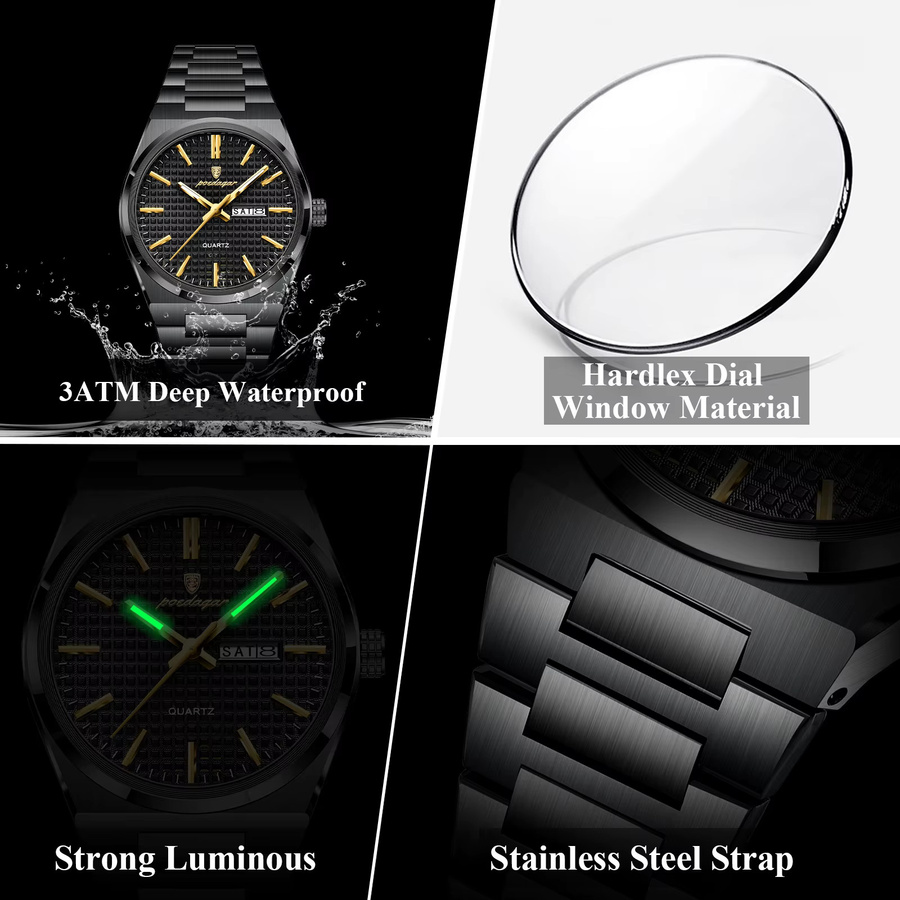 POEDAGAR Armbanduhr Quarz, Edelstahl, Schwarz, Silber, Herren - Bild 4