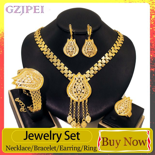 GZJPEI Schmuck-Set, Gold, Zirkonia, Halskette, Armband, Ohrring, Ring - Bild 1