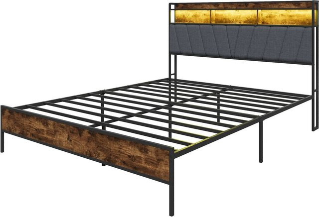 PXloue Bettgestell im Industrial Design aus Metall und Holz mit Stauraum, RGB LED Unterbettbeleuchtung und USB-Ladestation, B/T/H: 180 x 160,5 x 218 cm, Schwarz/Grau - Bild 1