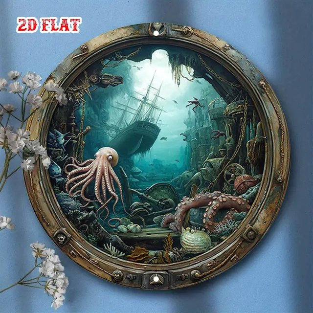 Maritime Bullauge-Wanddekoration von Potdemiel – Rundes Metallschild mit Unterwasser-Schiffwreck-Szene in Mehrfarben - Bild 1