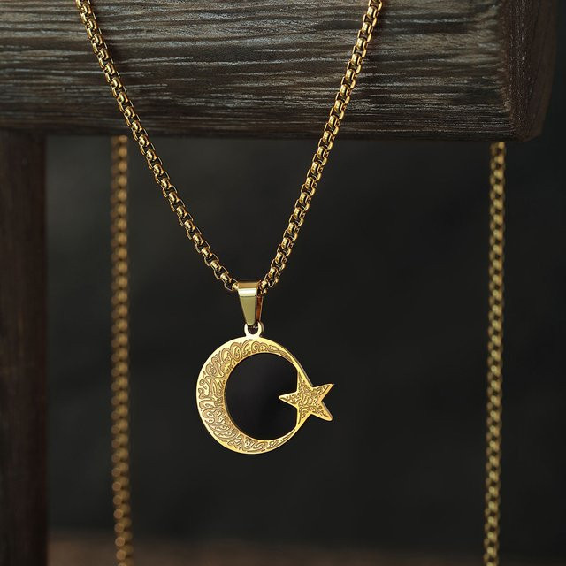 Kinitial Halskette mit Anhänger Crescent Moon Star, Edelstahl, Gold, Unisex - Bild 1