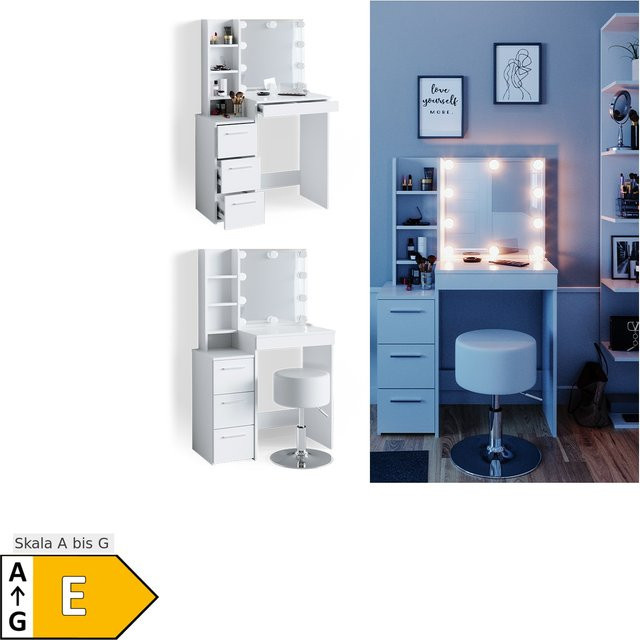 Vicco Schminktisch Meryl in Weiß mit LED-Beleuchtung und Hocker im skandinavischen Stil, Breite: 40 cm - Bild 1