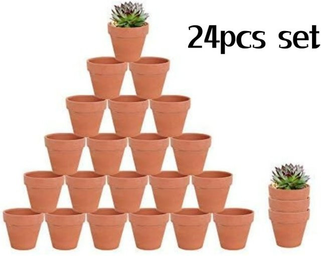 MINITAKING 24er Set Mini-Tontöpfe aus Ton in Braun mit 5 farbigen Pflanzenschildern und Drainageloch für Sukkulenten und Bastelarbeiten - Bild 1
