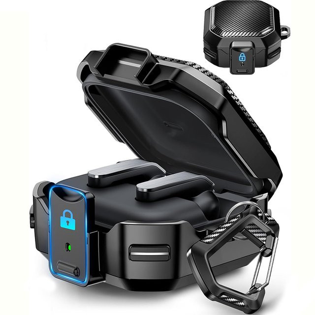 ZEKS Schutzhülle für Samsung Galaxy Buds 4 Pro in Schwarz mit Sicherheitsverschluss, Carbonfaser-Design und Schlüsselanhänger, unterstützt kabelloses Laden - Bild 1