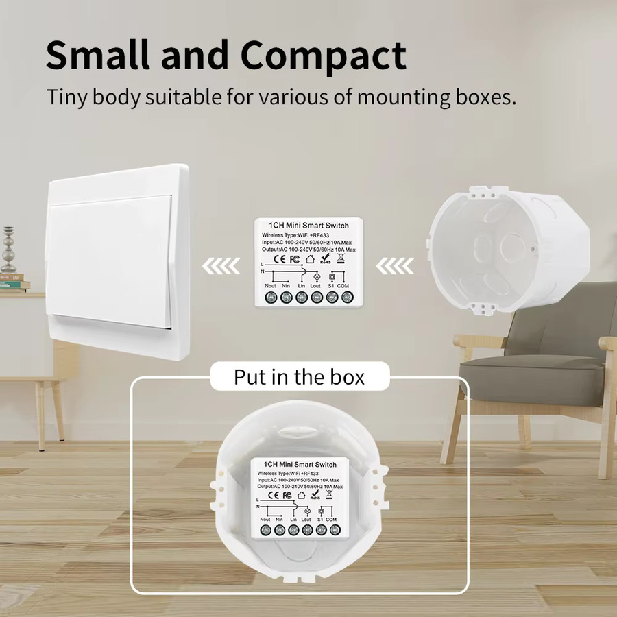 MANHOT Mini Smart DIY Schalter 2-Wege-Schaltmodul mit WiFi und RF433, weißes Smart Relais zur Automatisierung, kompatibel mit Tuya und Google Assistant - Bild 3