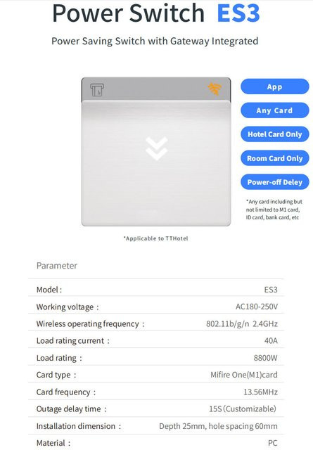 TTHotel ES3-Wifi Energiesparschalter 40A mit App-Steuerung und TTLOCK Wifi Gateway Funktion in Weiß - Bild 1
