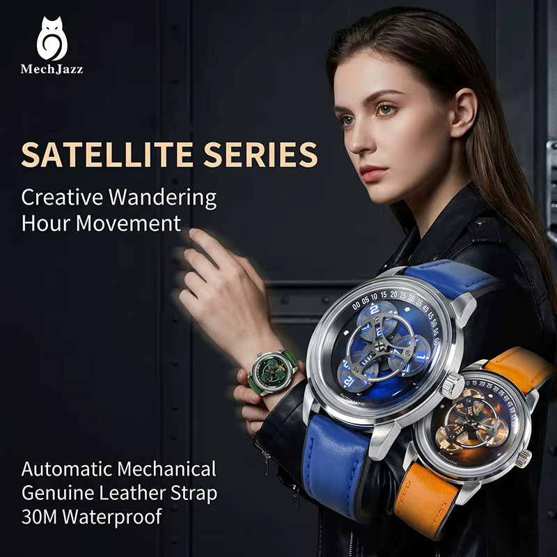 MechJaz Armbanduhr Automatik, Edelstahl, Blau, Leder, Herren - Bild 2