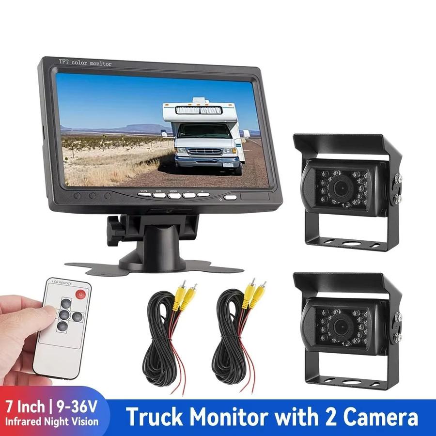 Queender Auto-Monitor-Bildschirm mit zwei Kameras für LKW, Bus und Wohnmobil in Schwarz mit Nachtsicht und wasserdichter Rückfahrkamera, 12–24 V, universell einsetzbar - Bild 6