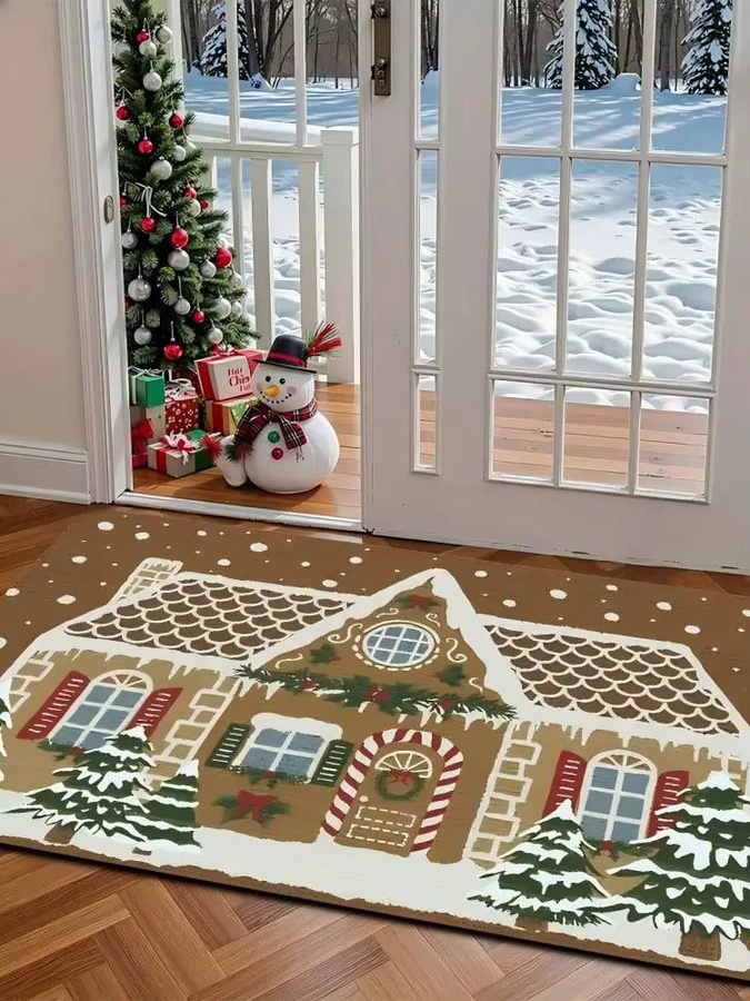VIKAMA Weihnachtliche Bodenmatte mit Lebkuchenhaus Motiv, rutschfester Dekorteppich für den Eingangsbereich - Bild 3