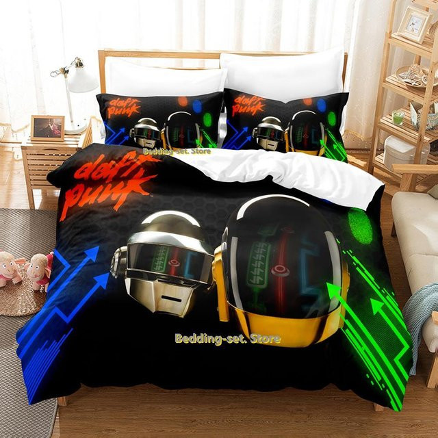 Dreiteiliges Bettwäscheset Lodestar Hip Hop Daft Punk Design in Schwarz, 3-teiliges Bettbezugset mit Duvetbezug und Kissenbezügen aus Mikrofaser, B/H: 140 x 200 cm - Bild 1