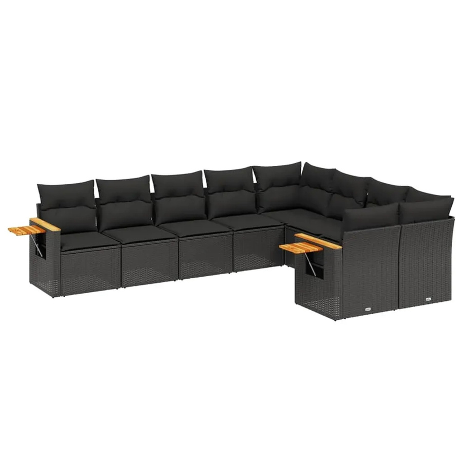 vidaXL 9-tlg. Garten-Sofagarnitur in L-Form aus Poly-Rattan und Akazienholz in Schwarz mit Sitz- und Rückenkissen - Bild 2