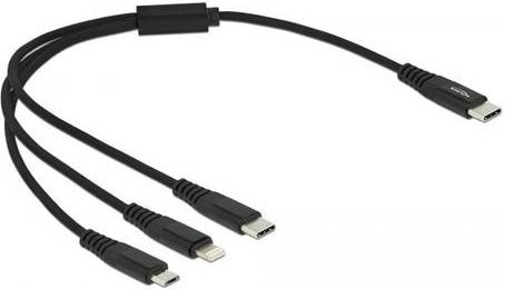 Delock USB 2.0 Ladekabel mit USB-C, Micro-USB und Apple Lightning Steckern, Schwarz, 0,30 m - Bild 1