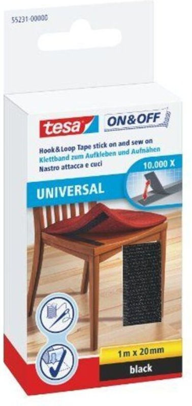 tesa On & Off Klettband zum Aufkleben und Aufnähen, Schwarz, Länge: 1000 mm, Breite: 20 mm - Bild 2