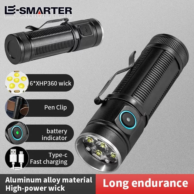ESMARTER LED EDC Taschenlampe mit 6 LEDs, 3000 Lumen, wiederaufladbar, wasserdicht, Schwarz - Bild 1
