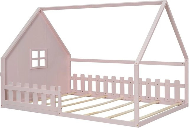okwish Kinderbett Hausleiste aus Kiefernholz und MDF in Rosa, B/T/H: 140 x 200 x 145 cm - Bild 1