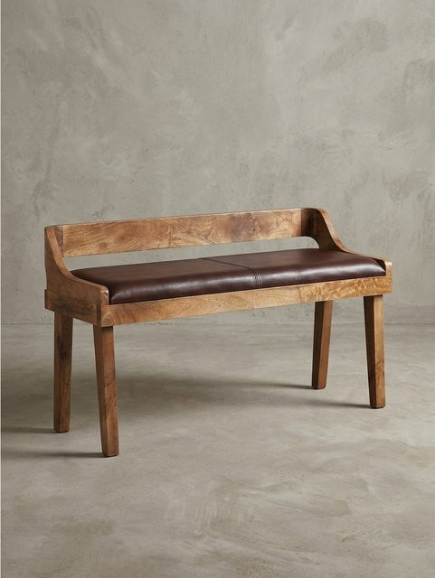 Sitzbank von KADIMA DESIGN aus Leder und Massivholz in Braun mit Lehne, B/T/H: 108 x 63 x 43 cm - Bild 1