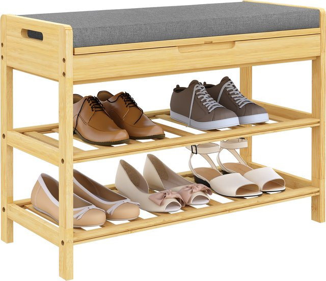 WOLTU 2-stöckiges Schuhregal aus Bambus mit gepolsterter Sitzbank in Braun und Grau für Flur, Schlafzimmer oder Wohnzimmer - Bild 1