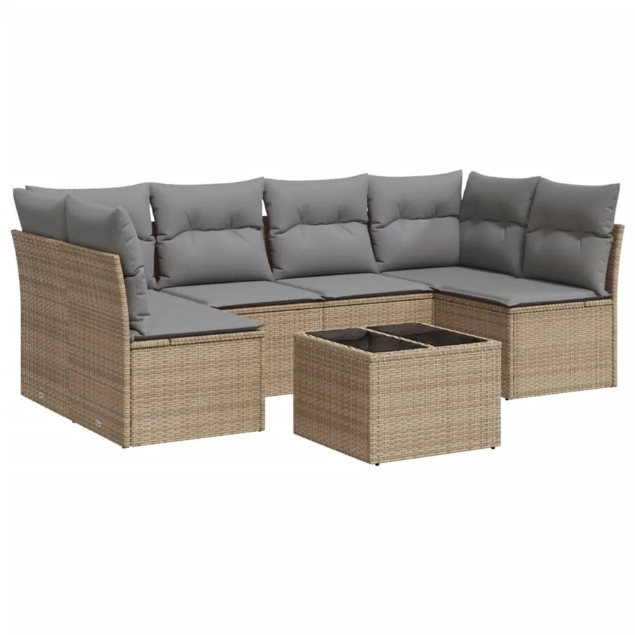 vidaXL 7-teilige Garten-Sofagarnitur in Beige-Grau aus Poly-Rattan mit L-Form und Sitzkissen inklusive Gartentisch - Bild 2