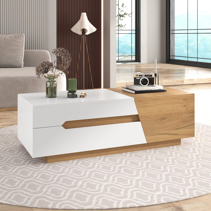 Svintora Multifunktionaler Ausziehbarer Couchtisch in Weiß mit Schubladen und Verstecktem Stauraum für dein Wohnzimmer - Bild 2