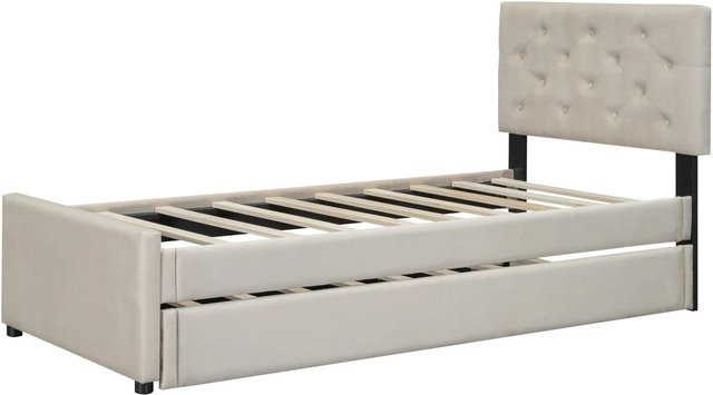 okwish Polsterbett für Kinder in Beige mit Samt und Rollcontainer, B/T/H: 90 x 200 x 104 cm - Bild 1