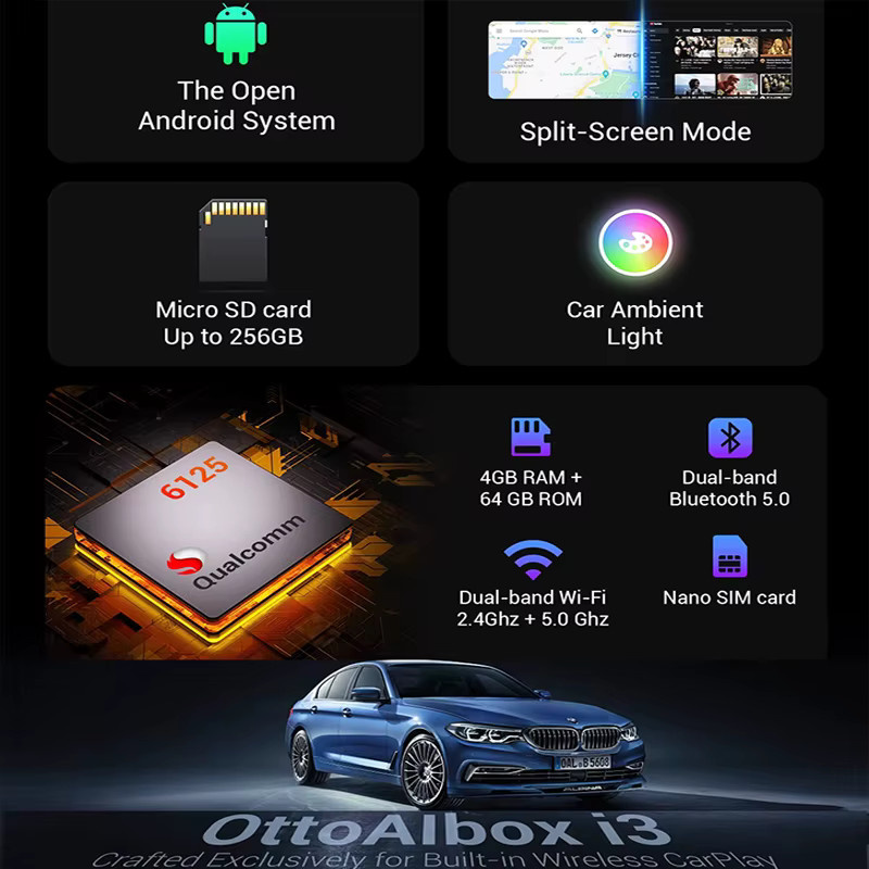 Ottocast I3 AI Box Kabelloser CarPlay Adapter mit Android 13 für BMW und Fahrzeuge mit kabellosem CarPlay, Schwarz - Bild 4