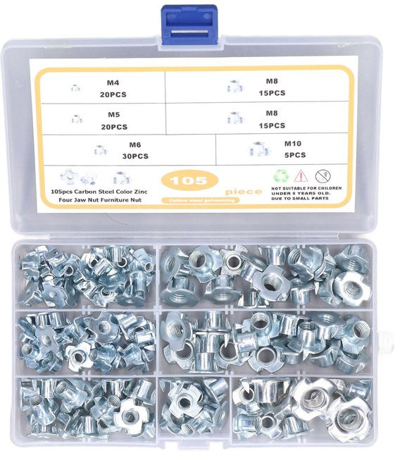 TOMTOP JMS T-Nut und T-Mutter Sortimentsset aus verzinktem Kohlenstoffstahl, 105 Stück, Silber, M4-M10 - Bild 1