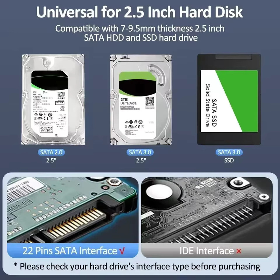 Congdi USB 3.0 HDD-Gehäuse für 2,5 Zoll SATA SSD, externes Festplattengehäuse mit USB-C und USB-A, transparent - Bild 4