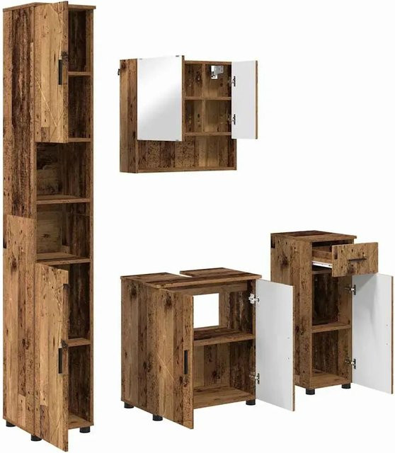 vidaXL Badezimmermöbel-Set 4-teilig aus Altholz und Metall in Schwarz und Braun, bestehend aus Waschtischunterschrank, Spiegelschrank, Hochschrank und Seitenschrank, modern und matt - Bild 1