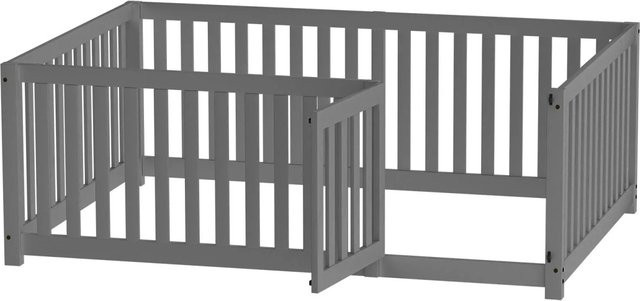 KOMHTOM Kinderbett mit Zaun und Tür in Grau, Bettrahmen aus Kiefernholz, Sperrholz und MDF, B/T/H: 140 x 200 x 60 cm - Bild 1