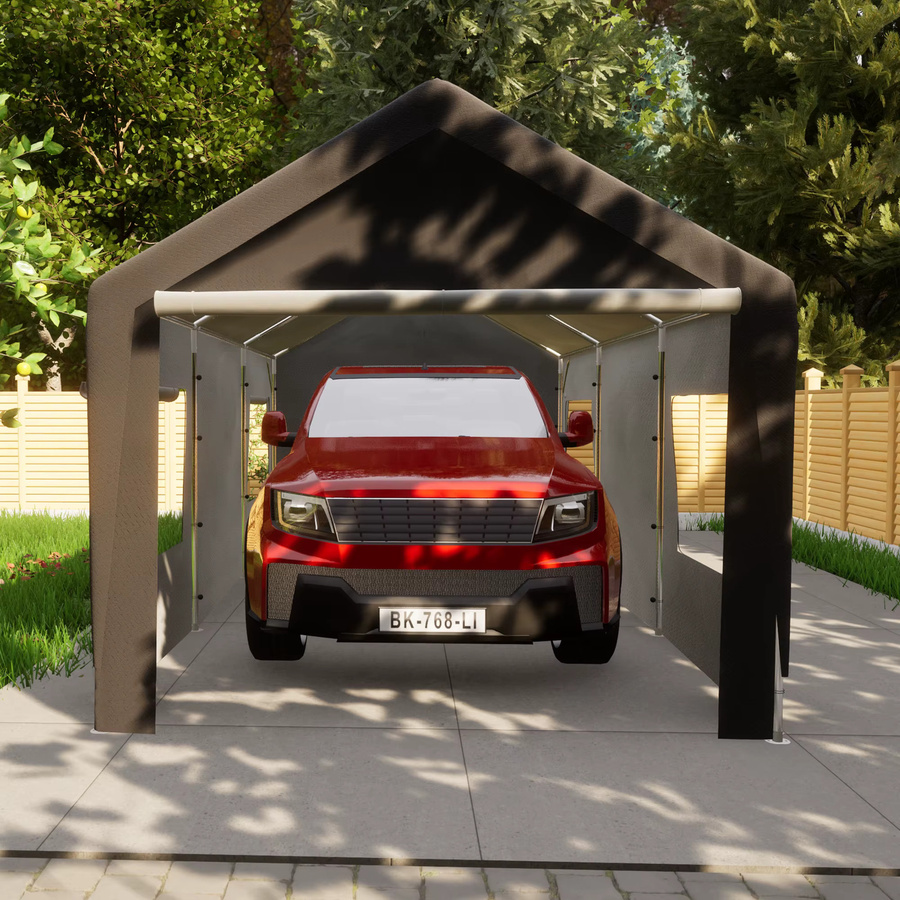 THANADDO Schwerlast-Carport mit Giebeldach in Grau, wasserdichte Outdoor-Autoüberdachung aus verzinktem Stahl mit Netzfenstern, B/T/H: 609,6 x 592,84 x 276,75 cm - Bild 5