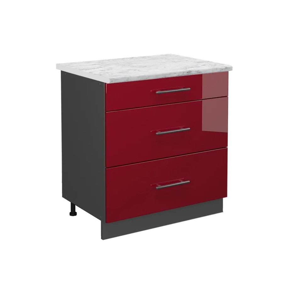 Vicco Küchenunterschrank Fame-Line Bordeaux Hochglanz/Anthrazit mit 3 Schubladen und Marmor-Optik, Breite: 80 cm, Tiefe: 60 cm, Höhe: 82 cm - Bild 2