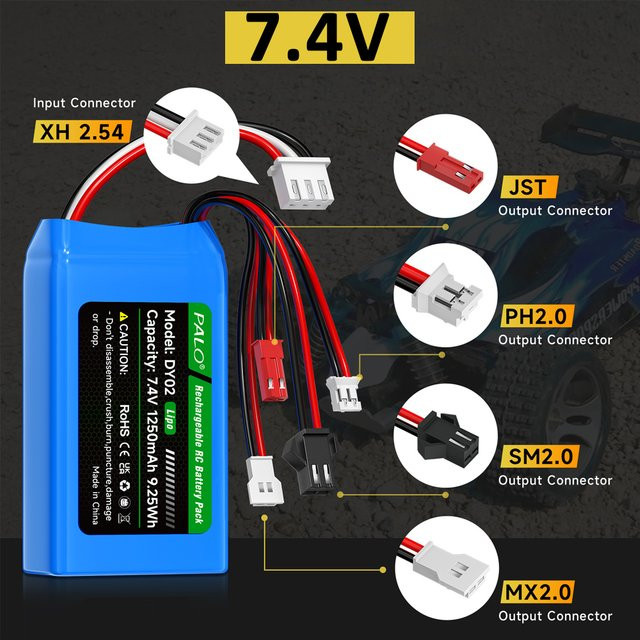 PALO Lithium-Polymer-Akku 7,4 V mit 1250 mAh und XH2.54-3P-Ladegerät für RC-Autos - Bild 1