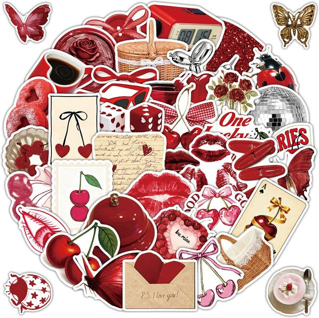 50 Stück rote Coquette-Ästhetik-Aufkleber mit Kirsch- und Schleifen-Motiven von BulingBulingStickers Store für dein Tagebuch oder deine Handyhülle - Bild 1