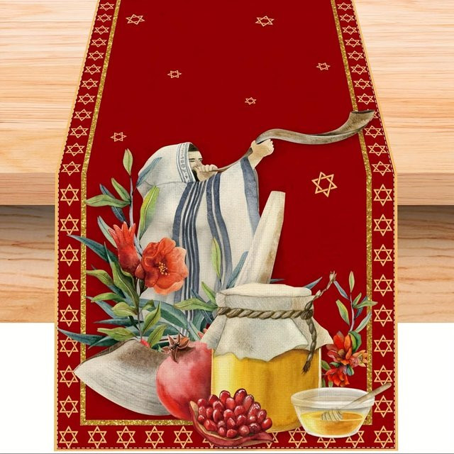 JMG Household Supplies Tischläufer aus Leinen für Rosh Hashanah in Rot, B/L: 33 x 150 cm - Bild 1