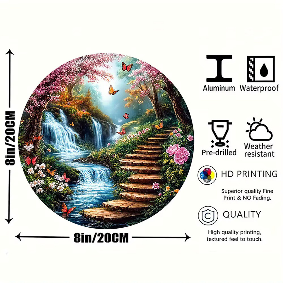 Potdemiel Vintage Aluminiumschild Verzauberter Garten mit Schmetterlingen und Wasserfall, Rund, Durchmesser: 20,3 cm, Mehrfarbig - Bild 2