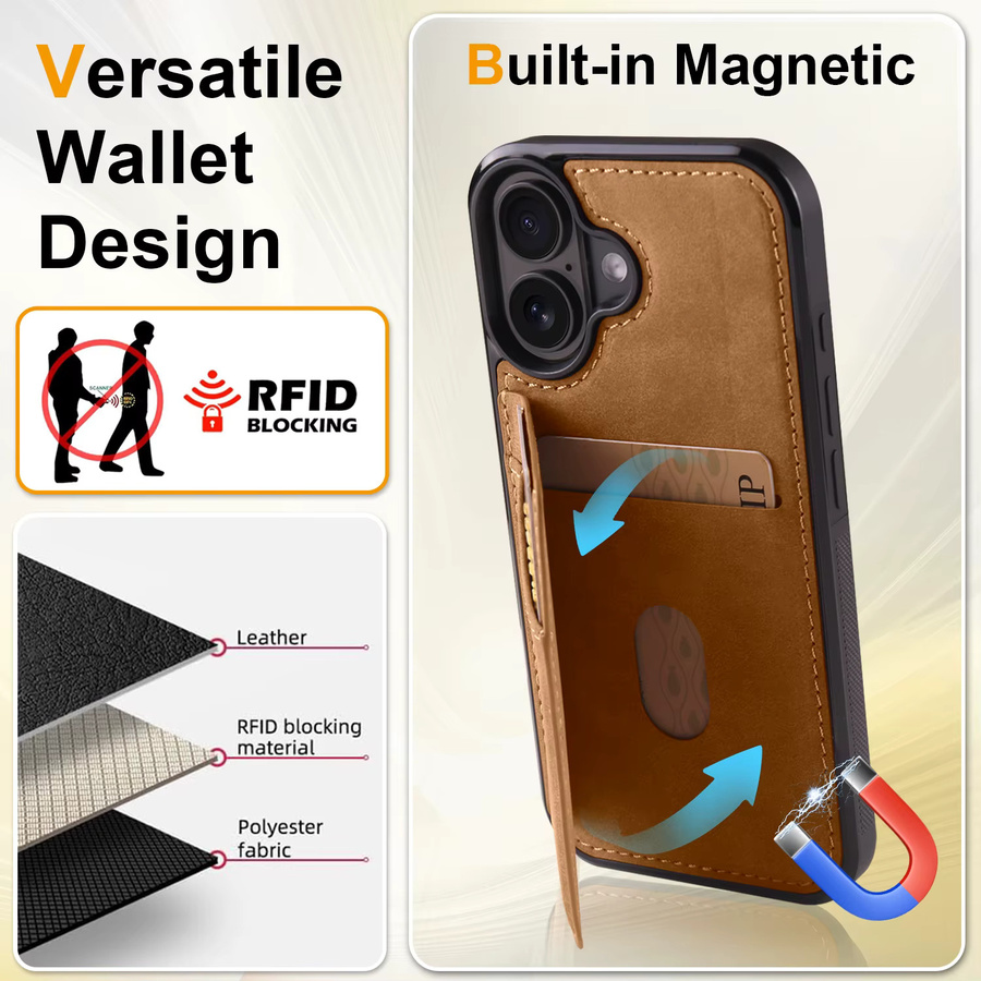 Flip-Ledertasche für Apple iPhone 16 17 15 14 13 12 11 Pro Max Plus Mini mit integrierter magnetischer Brieftasche und Kartenhalter in Braun - Bild 4