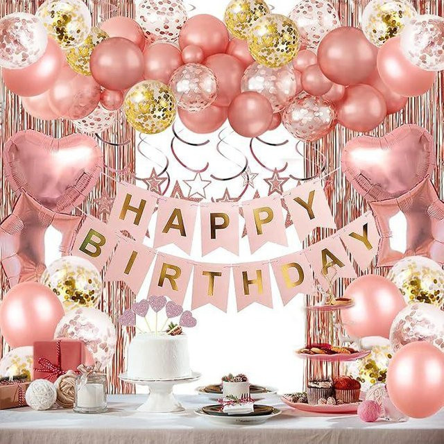 Roségoldenes Geburtstagsdeko-Set mit Latexballons und Regenvorhang zur Partydekoration - Bild 1